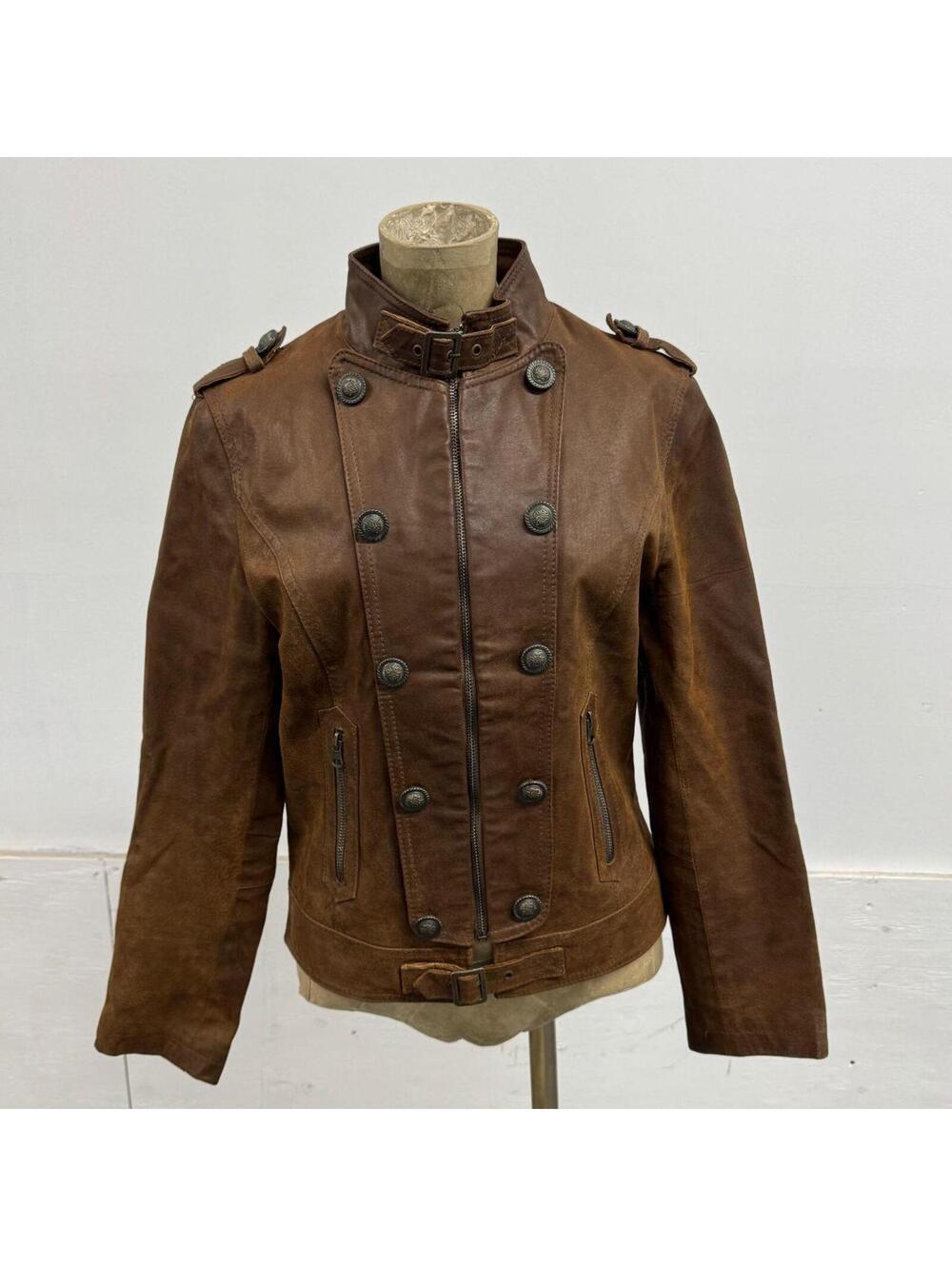 Vintage Brown Military Style Marching Band Leather Jacket